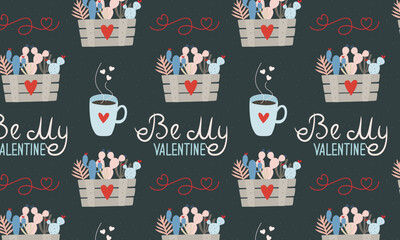 Cute seamless pattern with cactuses and loves drinks on blue background. Good for nursery prints, textile, valentine's day wrapping paper, scrapbooking, stationary, wallpaper, etc.