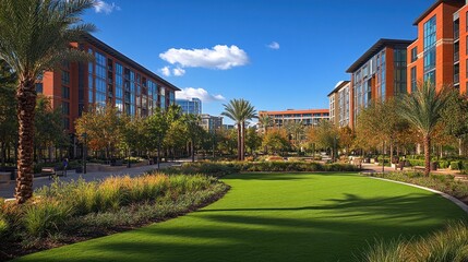 Fototapeta premium Modern residential complex with a landscaped courtyard on a sunny day.