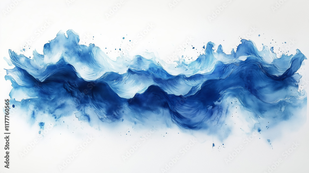 Poster a blue watercolor wave with white splashes of paint. the blue color of the wave is very vivid and th