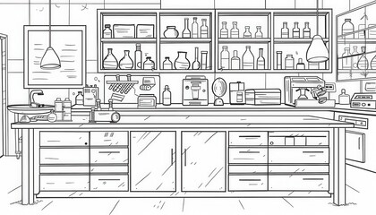 A meticulously drawn laboratory interior sketch featuring a central worktable various equipment and cabinets ideal for scientific coloring books educational materials or lab-themed designs