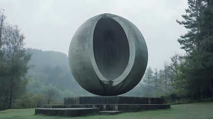 A memorial site with a sculpture symbolizing peace and the destructive force of nuclear weapons, set against a serene landscape, serving as a reminder of the consequences of hydrogen bombs 