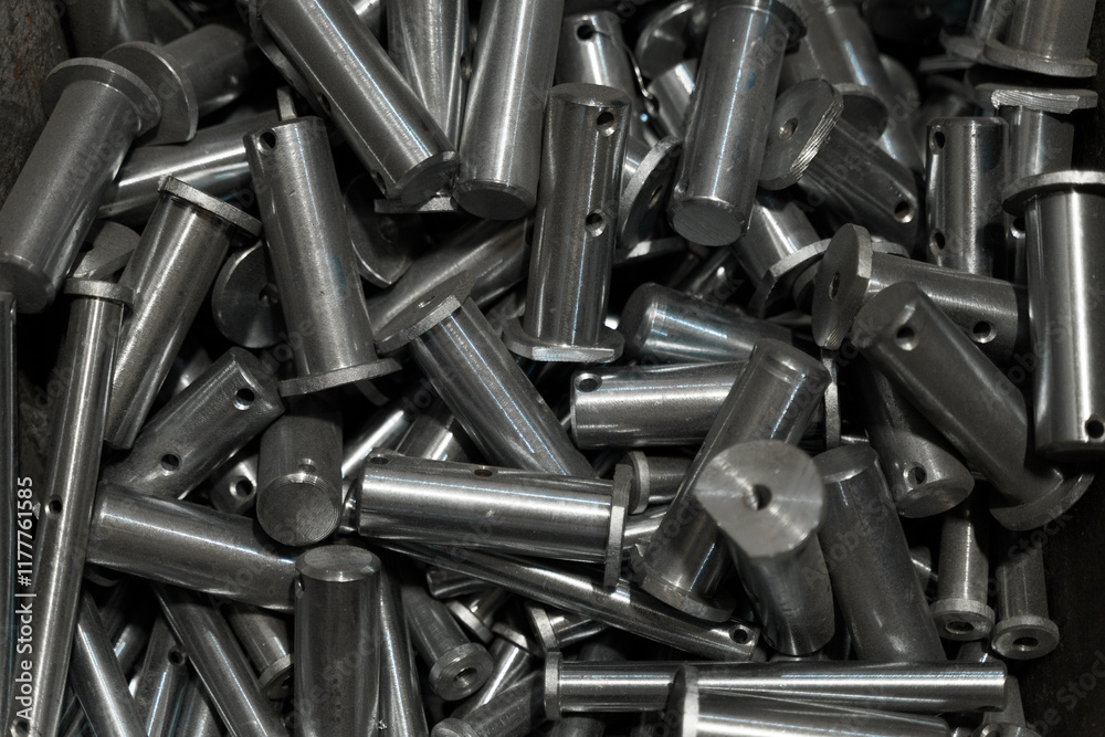 Poster a multitude of shiny metal components sits stacked together in a workshop