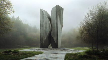 A memorial site with a sculpture symbolizing peace and the destructive force of nuclear weapons, set against a serene landscape, serving as a reminder of the consequences of hydrogen bombs 