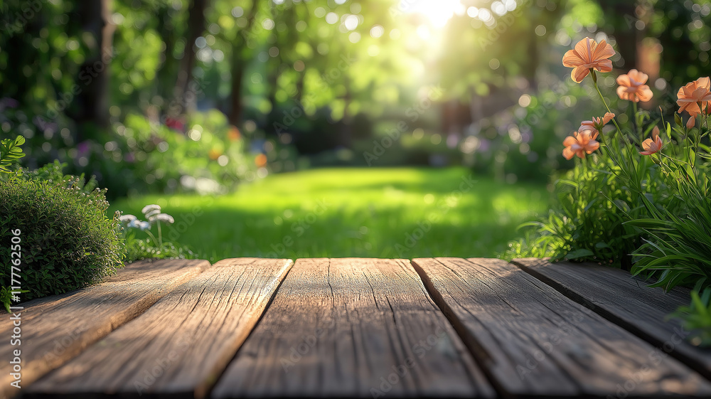 Wall mural tranquil setting with a wooden table and blurred greenery creating a refreshing backdrop