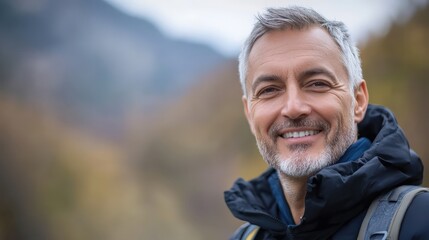 Smiling Man with Backpack Enjoying Nature in Mountain Landscape