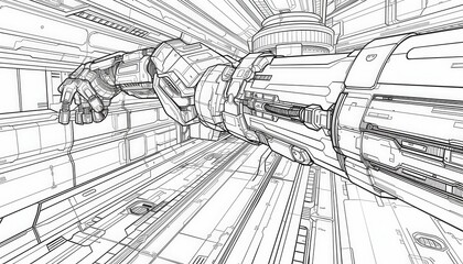 A robotic arm extends into a futuristic corridor. Ideal for sci-fi illustrations, concept art, and graphic novels featuring advanced technology and exploration.