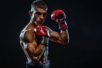 Confident male boxer in defensive stance with bandaged hands