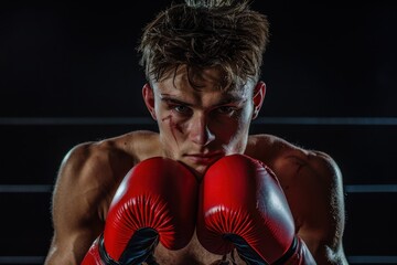 Confident male boxer in defensive stance with bandaged hands