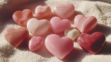 Obraz premium A variety of pastel pink hearts radiating love arranged on a soft surface