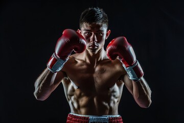 Confident male boxer in defensive stance with bandaged hands
