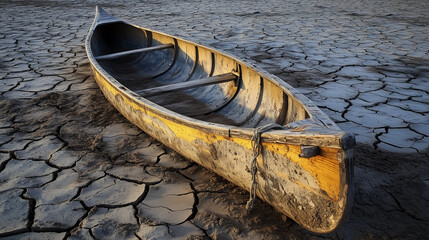 Lone canoe rests on parched lake bed displaying the effects of drought and drying water sources at sunset