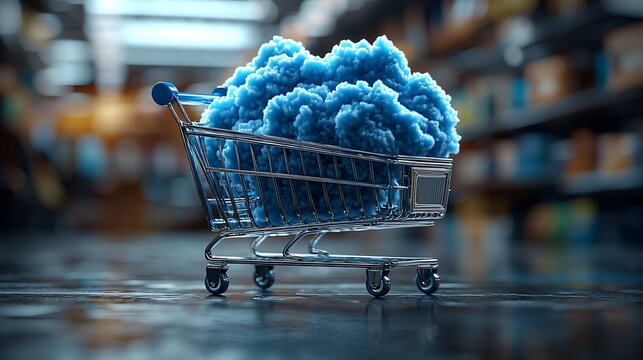 Blue cloud data in shopping cart, supermarket background, e-commerce concept.