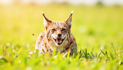 Fototapeta premium Serval cat stalking prey in tall grass, instinctive hunting