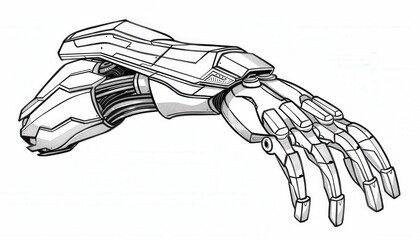 A detailed line art drawing of a robotic arm and hand reaching out. Perfect for sci-fi projects, illustrations, or graphic design.