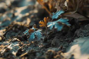 Struggling crop plant fighting for survival in dry and barren soil under harsh sunlight