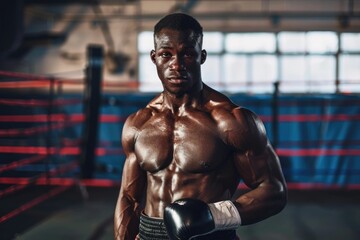 Inspiring African American boxer in boxing ring portrait.