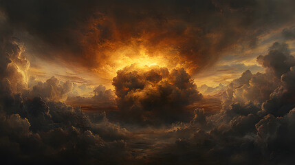 Fototapeta premium A powerful mushroom cloud rising high into the atmosphere, illuminated by fiery hues and surrounded by dark, billowing smoke, capturing the immense force of a hydrogen bomb explosion 