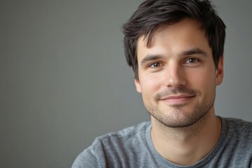 Fototapeta premium Smiling Young Man in Casual Gray T-Shirt Against a Neutral Background