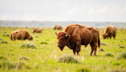 Naklejka premium Musk oxen grazing in vibrant grassland, Arctic wildlife essence