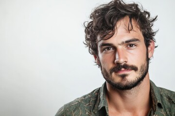 Obraz premium Portrait of a Confident Young Man with Curly Hair and a Beard Against a Neutral Background
