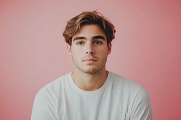 Fototapeta premium Portrait of a Young Man Against a Soft Pink Background, Capturing Natural Expression and Style