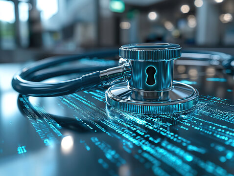 stethoscope with digital lock symbol on surface of binary code, representing secure health data
