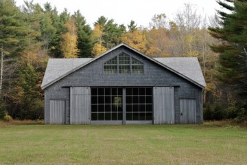 Rustic wooden barn situated in a serene forest setting reflects autumn colors with its expansive glass doors and rustic charm