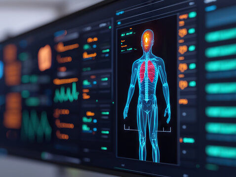 futuristic medical interface displaying holographic health data with human anatomy diagram in high tech clinic