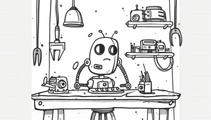 A cute robot tinkers at a workbench in its workshop surrounded by tools and gadgets. Ideal for a children's book illustration or a robotics-themed design.