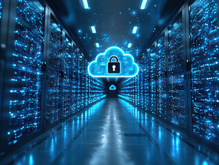Cloud data security concept with glowing padlock symbol in server room