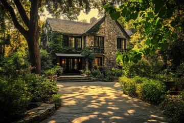Charming stone house surrounded by lush greenery in a serene garden setting during golden hour with soft sunlight filtering through the leaves