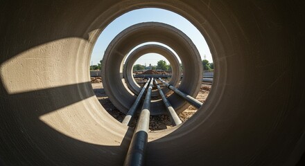 Fototapeta premium Concentric View Through Concrete and Metal Pipes at Construction Site - Perfect for Infrastructure and Engineering Projects.