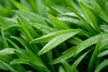 Obraz premium Lush green grass blades with droplets of water glistening in morning light, creating a refreshing nature setting