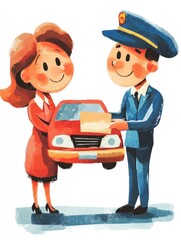 Obraz premium Illustration of a smiling woman receiving car keys from a uniformed officer, friendly and professional style, vibrant colors, ideal for car rental or dealership posters..