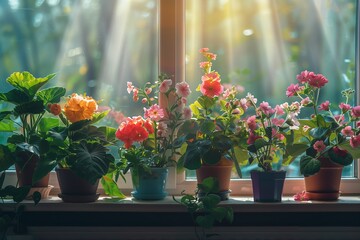 A vibrant display of potted flowers basking in natural sunlight by the window, bringing joy and color to any space.