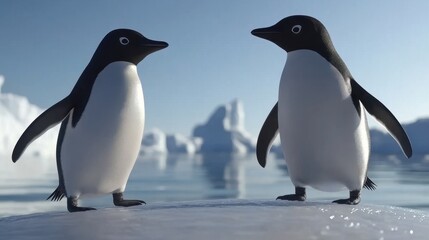 Fototapeta premium Two Penguins on Ice in a Frozen Landscape