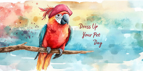 Watercolor illustration for National Dress Up Your Pet Day featuring a colorful parrot wearing a red hat perched on a branch against a vibrant background.