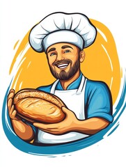 Cheerful baker in a chefs hat holding a freshly baked loaf of bread, cartoon-style illustration with a bright yellow background, ideal for bakery posters..
