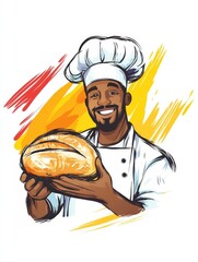 Happy baker in a chef's uniform holding fresh bread, cartoon-style illustration with dynamic red and yellow background, perfect for bakery advertisements..
