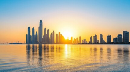 Fototapeta premium Sunset over a modern city skyline reflected in calm water.