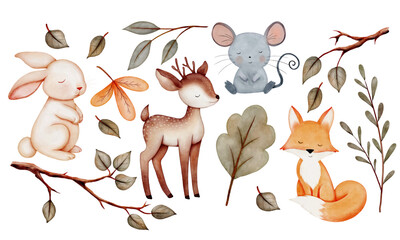 Wild animals. Set of wild watercolor  animals. Forest branches and leaves. Fox, deer, mouse, hare, rabbit.