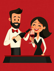 Cartoon-style couple in formal attire pouring and enjoying wine together against a bold red background, symbolizing celebration, romance, and fine dining..