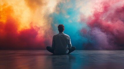 Man Meditates Before A Colorful Smoke Wall