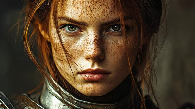 Redhead Female Warrior Wearing Armor, Intense Stare
