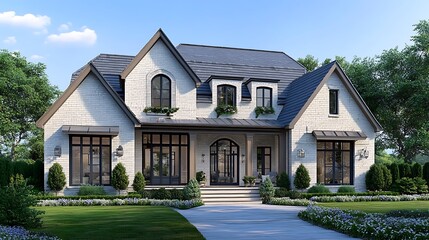 Charming Front Exterior of a Classic American Style Home in Detail