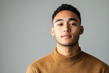 Fototapeta premium Confident Young Man in Cozy Sweater Against Neutral Background