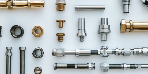 A collection of various metal pipes and fittings displayed in an organized manner. This image showcases industrial components and tools used in plumbing and construction. Simple and clear. AI