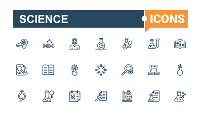 Science line icons set. Contains such icons as physics, biotechnology, experiment, chemical, molecule and more. Minimal linear icons. Editable vector icon and illustration.