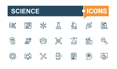 Science line icons set. Contains such icons as physics, biotechnology, experiment, chemical, molecule and more. Minimal linear icons. Editable vector icon and illustration.