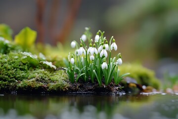 Delicate snowdrops blooming beside serene water in a lush, green setting during early spring
